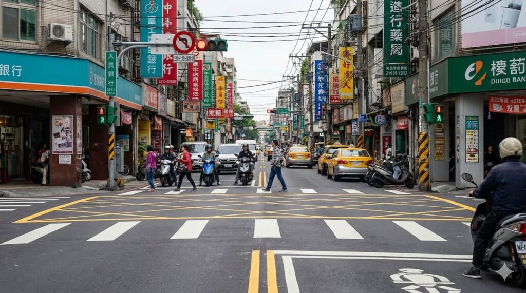 横断歩道、青だから普通に歩く